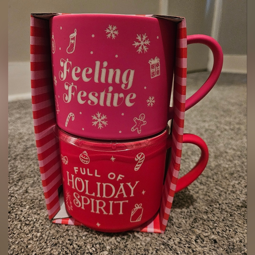 Holiday Spirit & Feeling Festive Mug Set Pink & Red Christmas Set Of 2